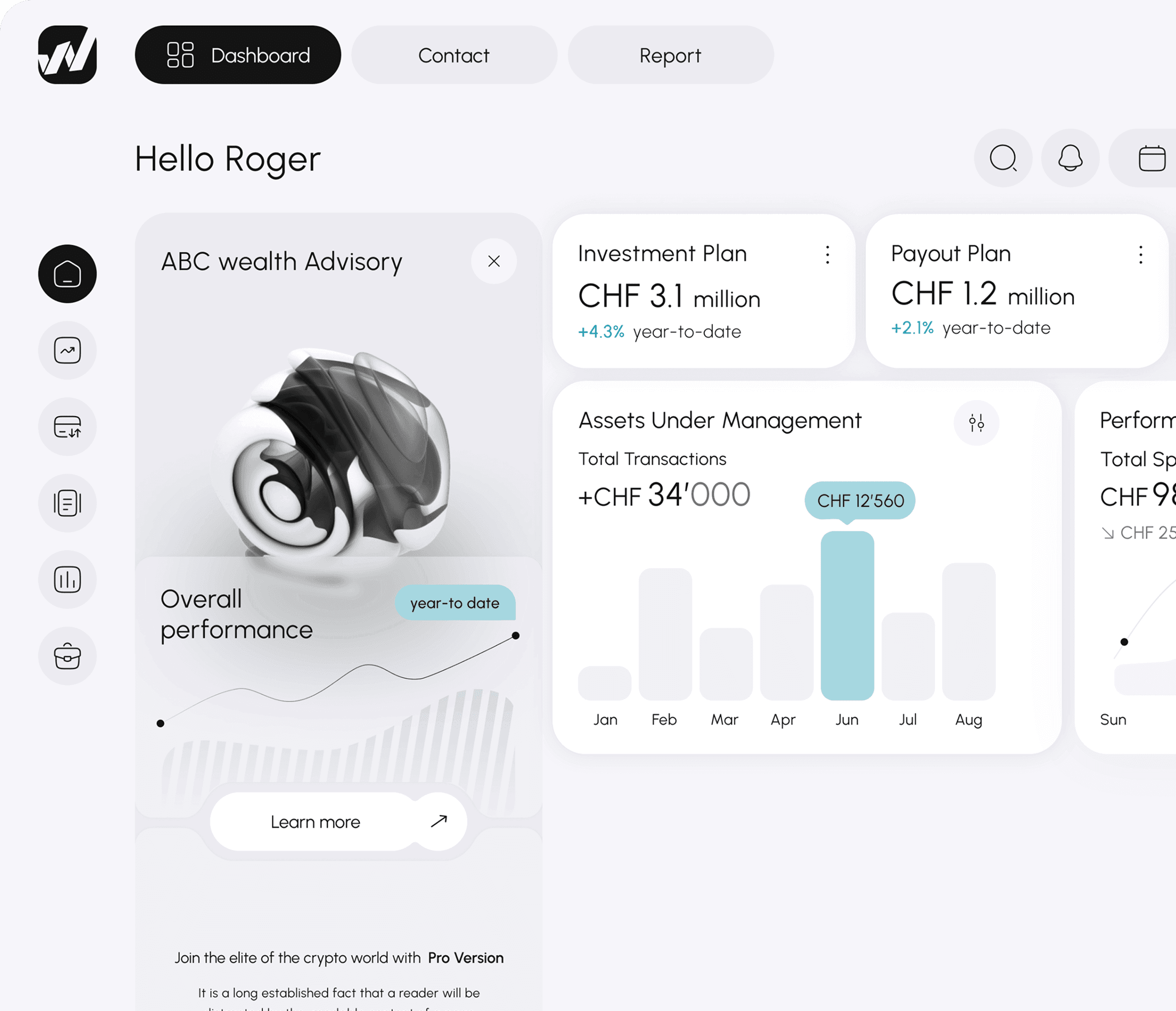 Client wealth management dashboard interface showing portfolio overview and financial performance